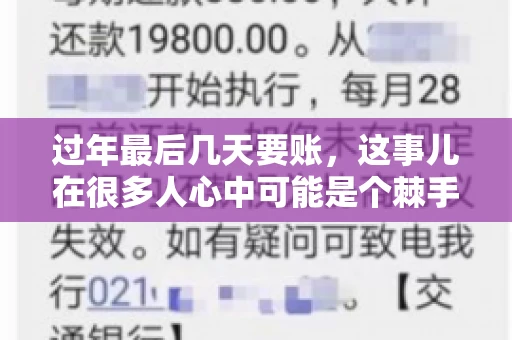 过年最后几天要账，这事儿在很多人心中可能是个棘手的问题。毕竟，春节临近，家家户户都在忙着准备团圆饭，谁也不想在这个时候被债务问题打扰。但现实是，有些账务问题不得不在这个时候解决。今天，我就来和大家聊聊这个话题，希望能给大家带来一些帮助。